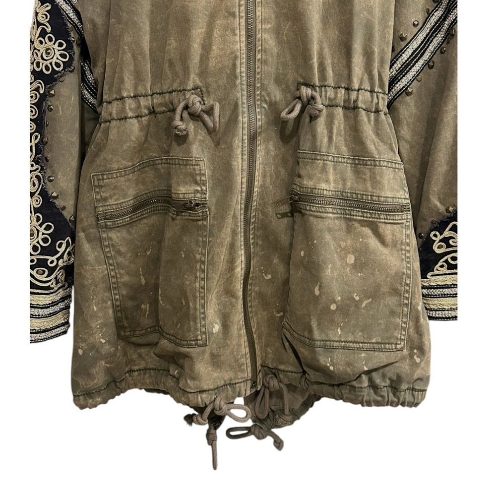 FREE PEOPLE Golden Quills Military Parka Jacket Coat Green Rhinestones M RARE - Picture 10 of 16
